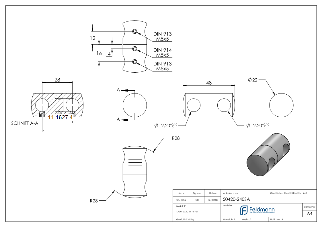 Querstabhalter V2A Edelstahl – Doppel fuer 2 Rundstaebe 12 mm inkl- Schrauben-11-1627.4