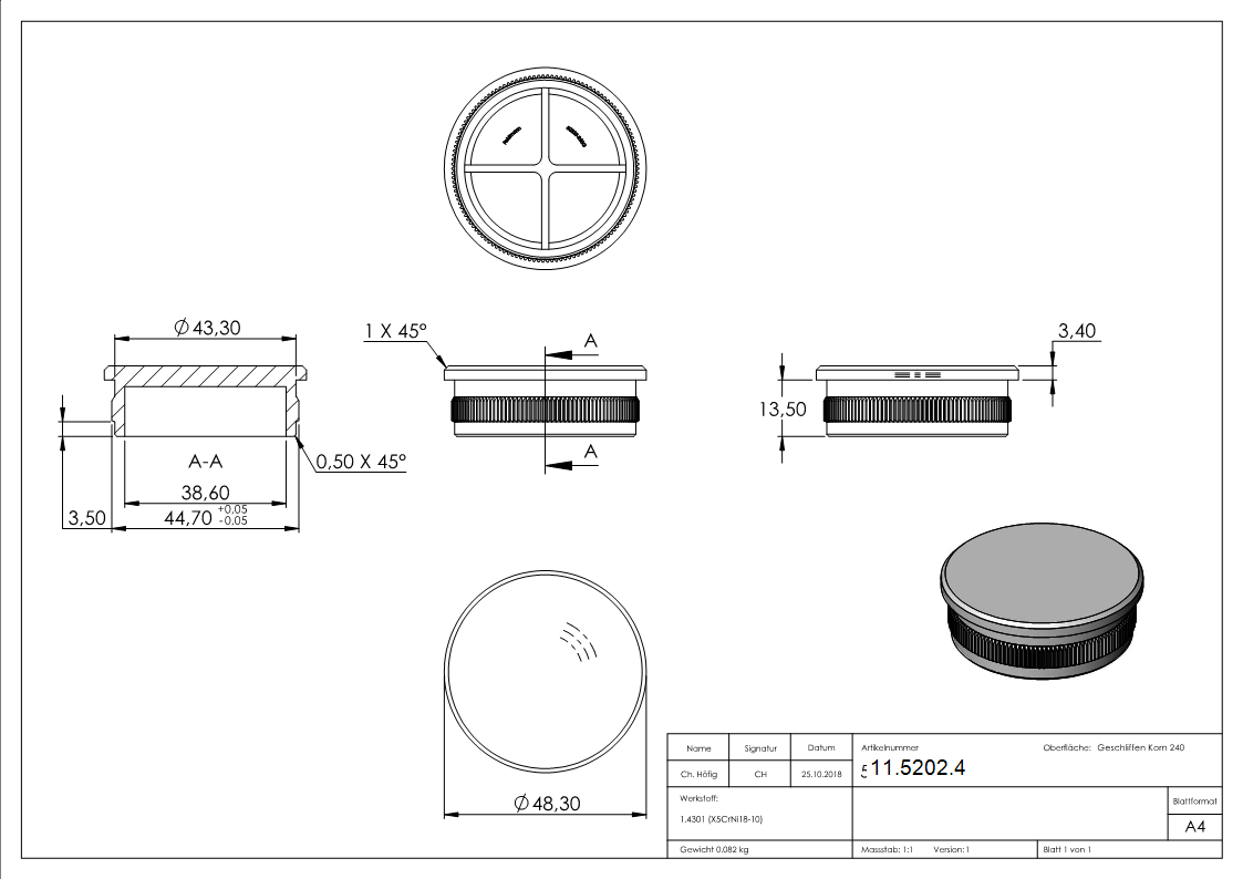 Rohrstopfen fuer Ø 48-3x2-0 mm flach zum Einschlagen V2A-11-5202.4