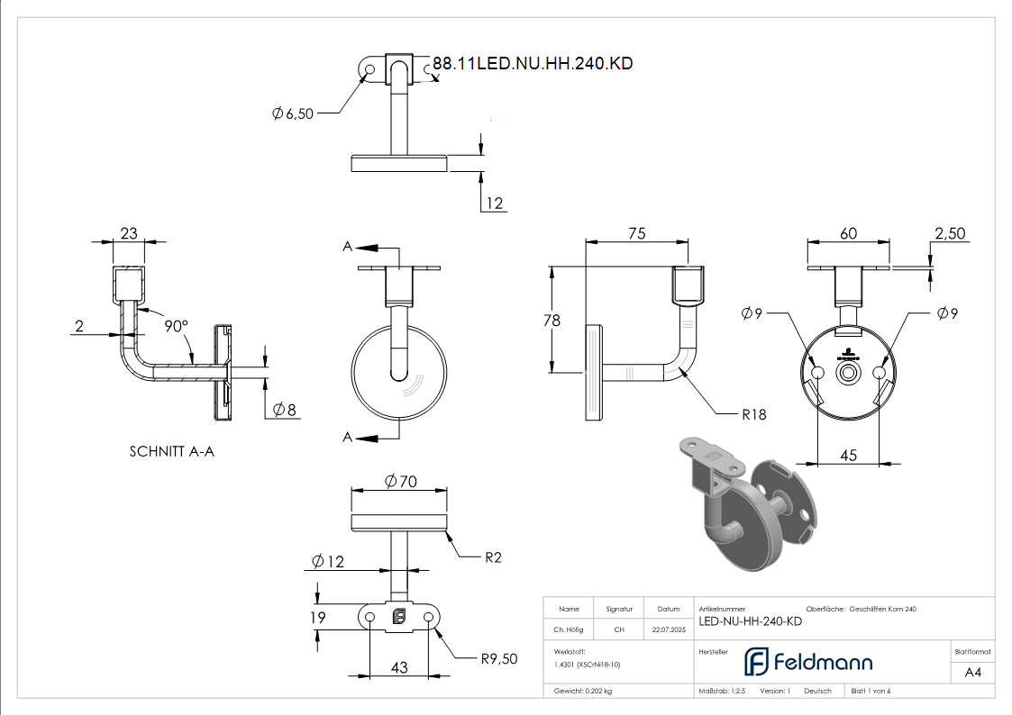 Handlaufhalter V2A fuer Nut 24x24mm Buegel Ø 12mm Kabeldurchfuehrung konvex-88-11LED-NU-HH-240.KD