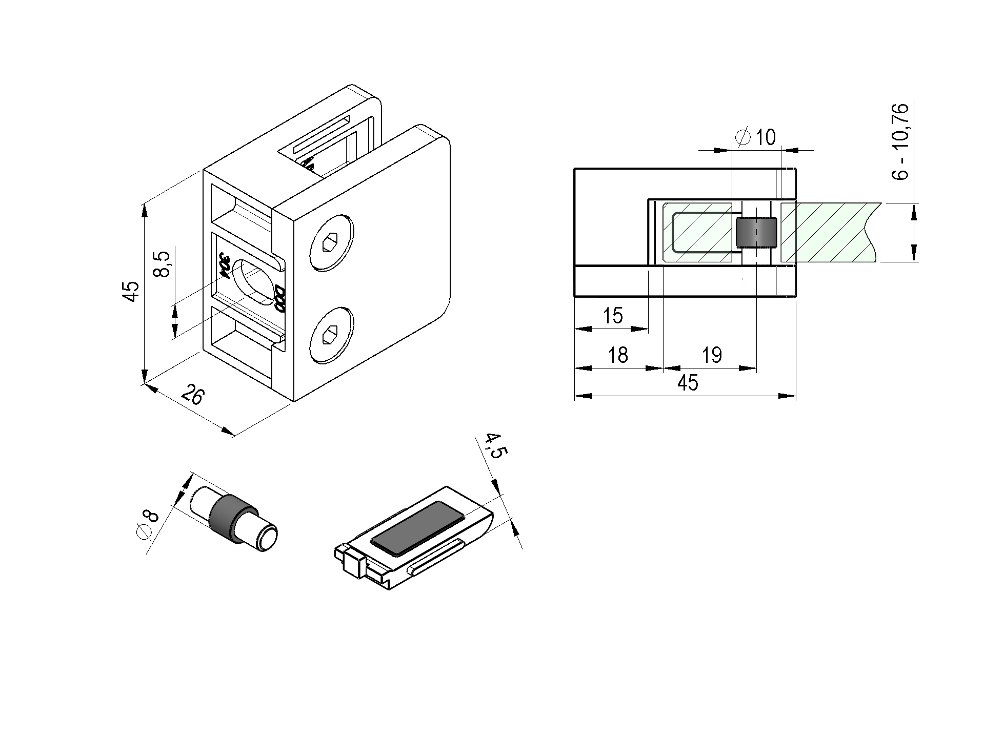 Glasklemme V2A schwarz 45x45x25- Sicherungsboden fuer 42-4 mm 4 Stueck-18-2142SET-A.4_BLACK