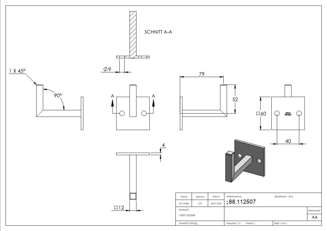 Handlauftraeger Stahl roh mit Ronde Buegel 12x12 mm Wandabstand 79 mm zum Anschweissen-88.112507