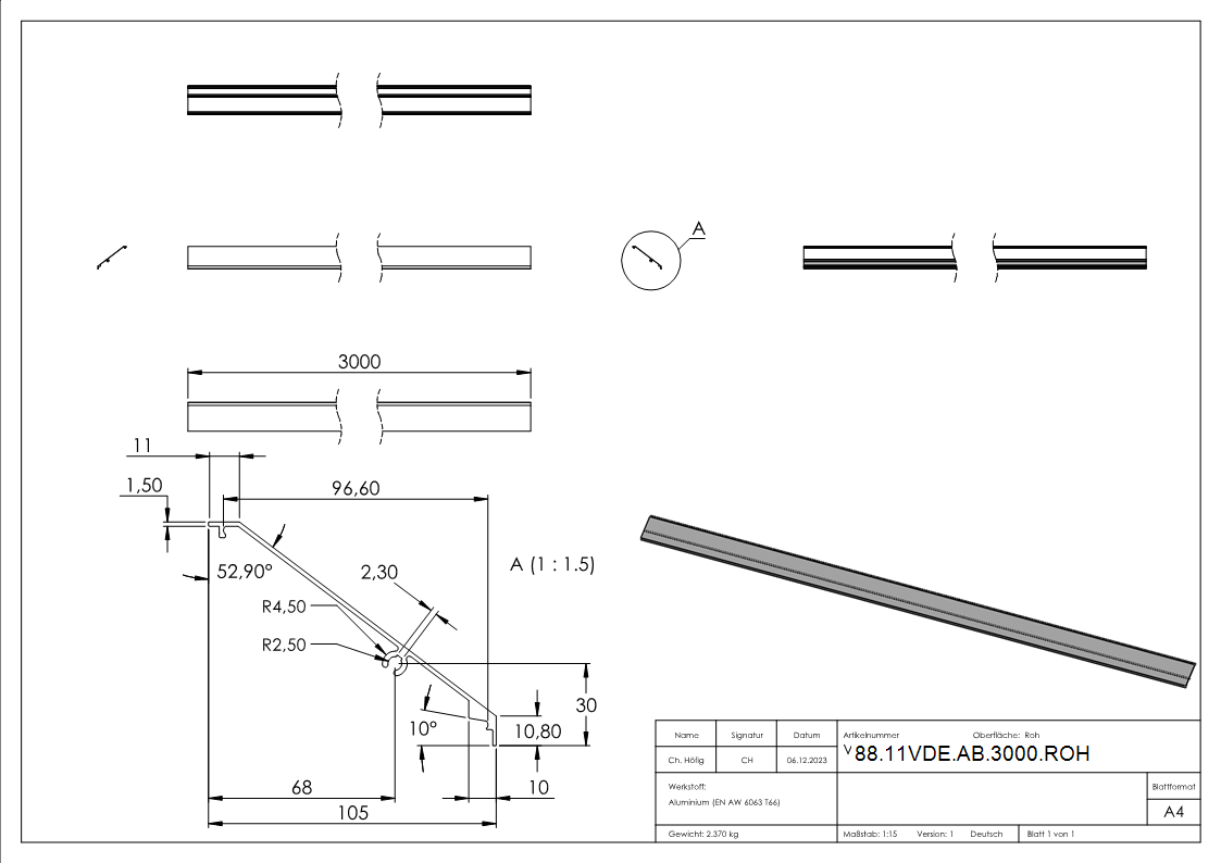 Abdeckung Aluminium L = 3000 mm fuer Vordach-Profil eleganza canopy roh-88-11VDE-AB-3000.ROH
