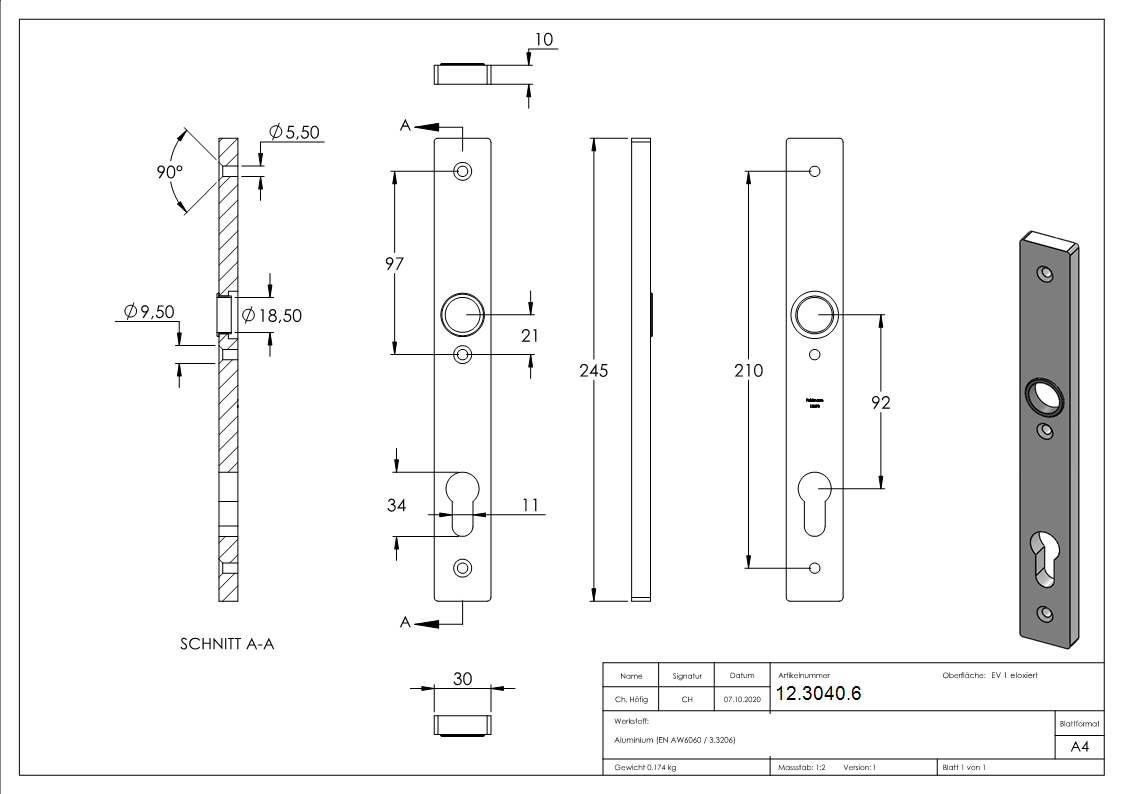 Alu-Zylinderlangschild - Masse- 30x245x10 mm - Form- vierkant - Aluminium EV1-12-3040.6