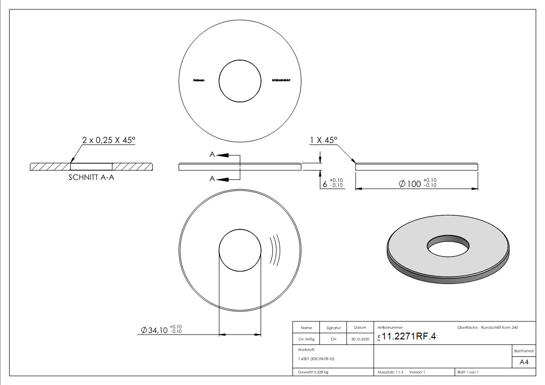 Ankerplatte Masse- 100x6 mm Rundschliff - Fase und Mittelbohrung V2A-11-2271RF.4