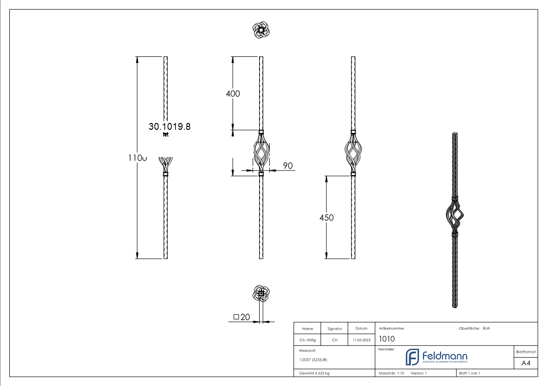 Anfangsstab - Laenge- 1100 mm - Material- 20x20 mm - Stahl S235JR- roh-30-1019.8