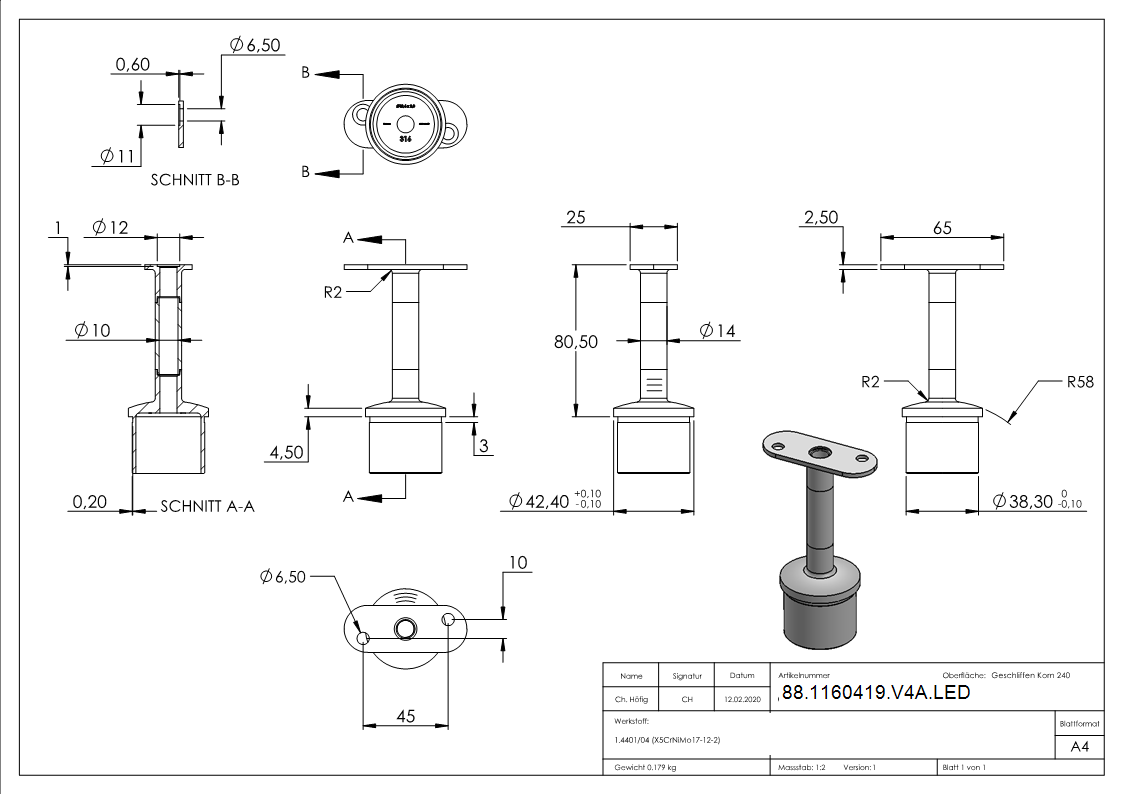 Einsteckkappe V4A fuer Rohr Ø 42-4 mm- Stift Ø 14 mm- fuer LED Handlauf-88-1160419-V4A.LED