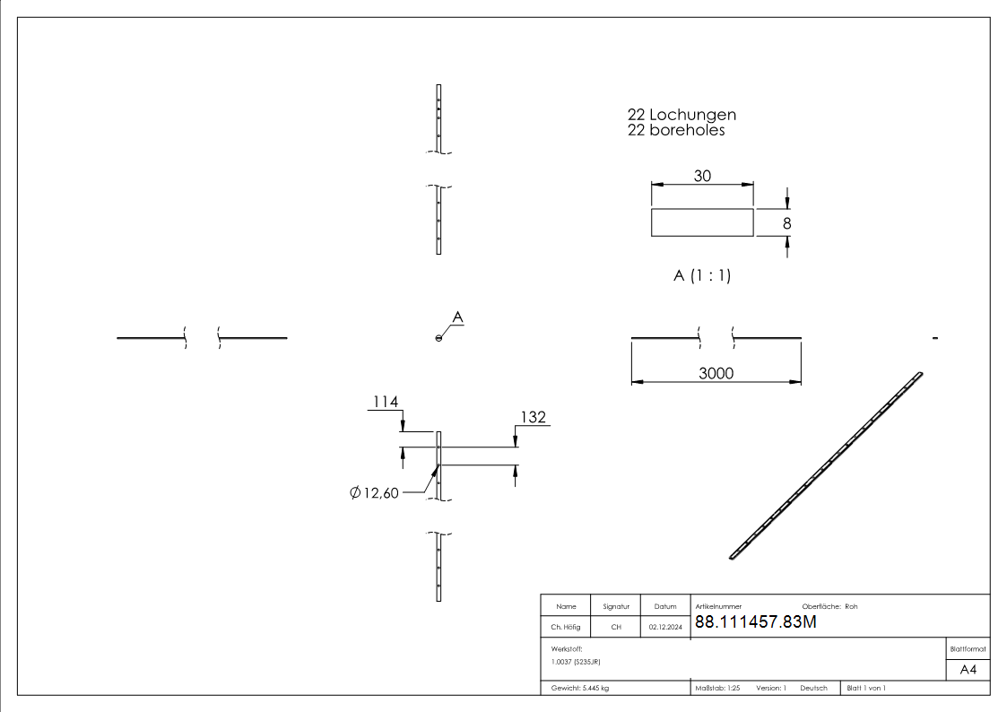 Lochleiste 30x8mm- fuer Stab Ø 12mm- Lochabstand 132mm- Laenge 3m-88-111457.83M