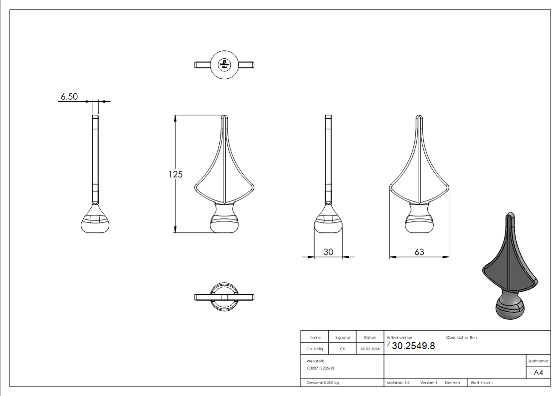 Zaunspitze - Hoehe- 125 mm - Material- Ø 30 mm - Stahl S235JR- roh-30-2549.8
