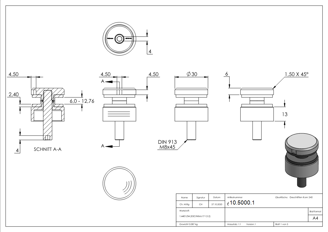 Glaspunkthalter Edelstahl V4A Ø 30 mm flach – Premium Punkthalter-10-5000.1