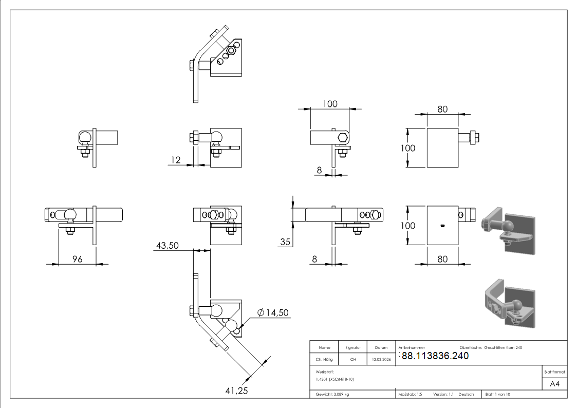 Hebetorbeschlag fuer Metallpfosten- Edelstahl V2A-88-113836.240