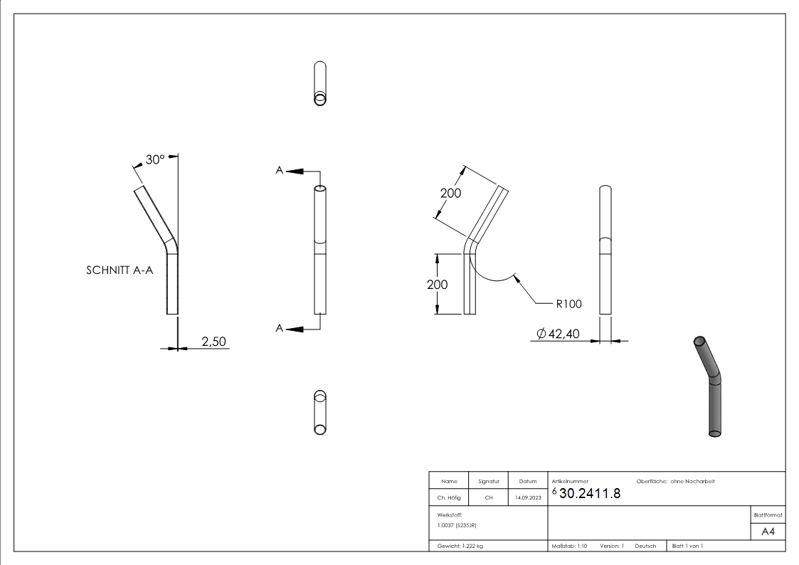 Rohrbogen 30° Stahl roh - 42-4 x 2-5 mm -1 ¼- - S235JR-30-2411.8