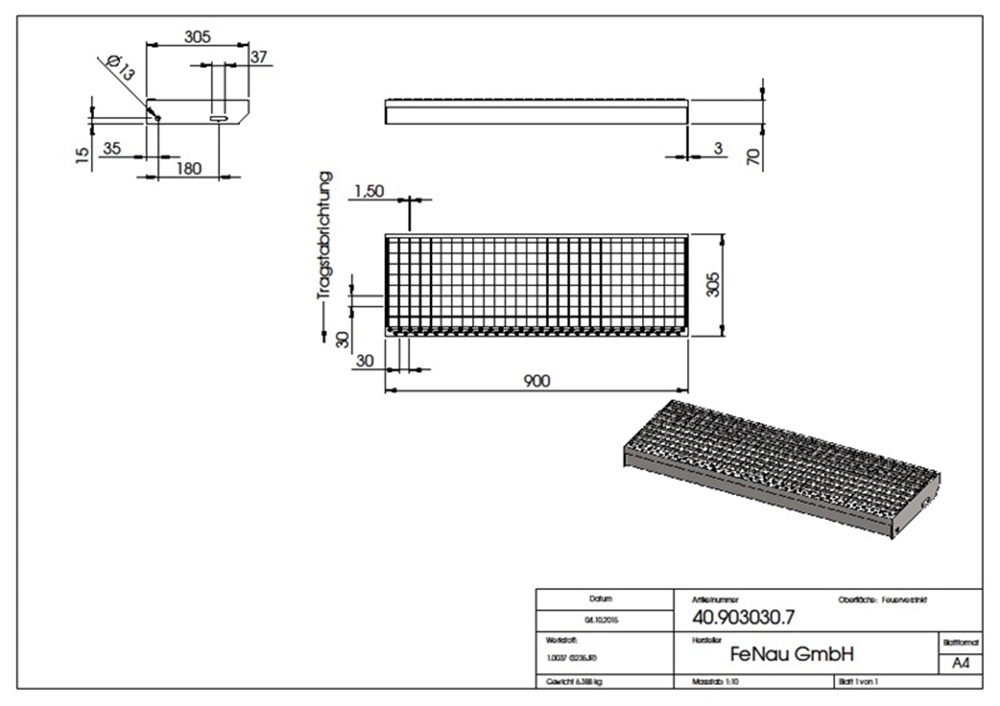 Gitterroststufe Treppenstufe Masse- 900x305 mm 30-30 mm S235JR -St37-2- im Vollbad feuerverzinkt-40-903030.7