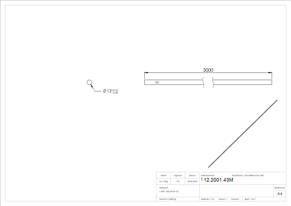 Rundstab Ø 12 mm á 3 m V2A Edelstahl-12-2001.43M