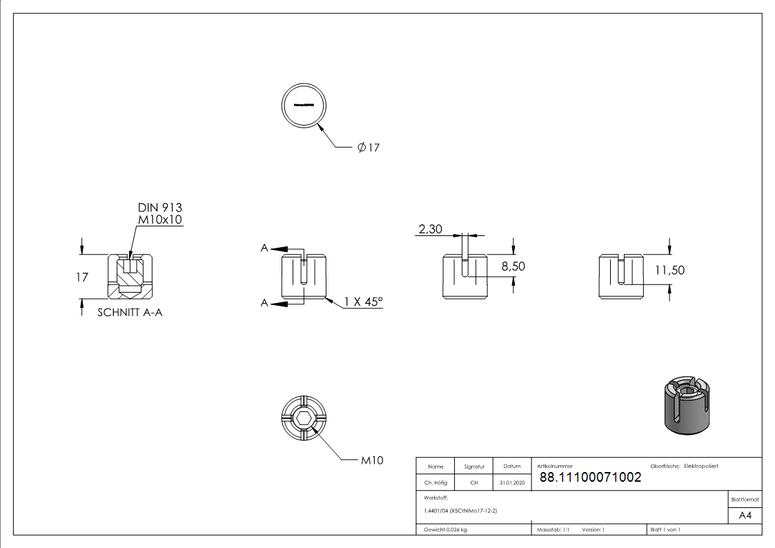 Kreuzklemme Edelstahl V4A fuer Seil Ø 2 mm-88.11100071002