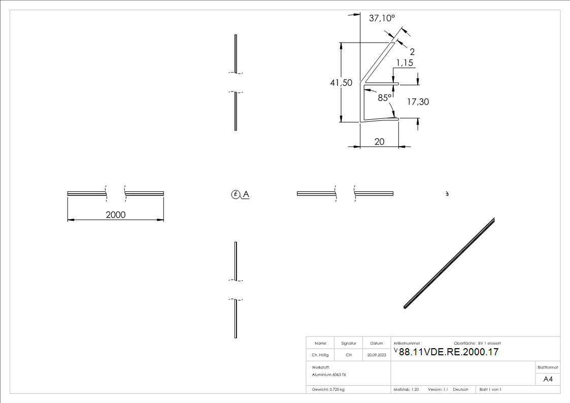 Regenrinne fuer Vordaecher Aluminium fuer Glas 17-52 mm L = 2000 mm eloxiert E4-EV1-88-11VDE-RE-2000.17