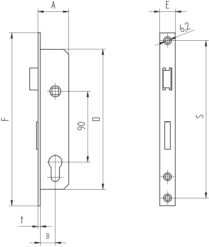 Einsteckschloss Edelstahl AISI 304 fuer Profil 50x30 mm 90 mm Axialabstand-89-11B83035X90-A.4