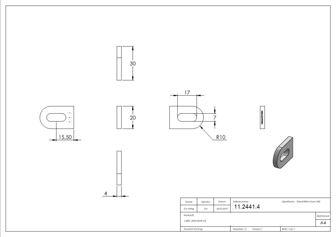 Anschweisslasche 30x20x4 mm mit Langloch- 17x7 mm V2A-11-2441.4