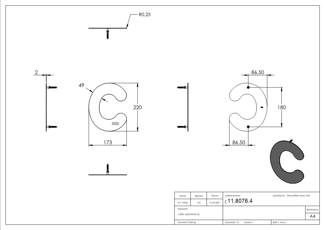 Buchstabe c - gross - Masse- 200 mm x 300 mm - V2A-11-8076.4