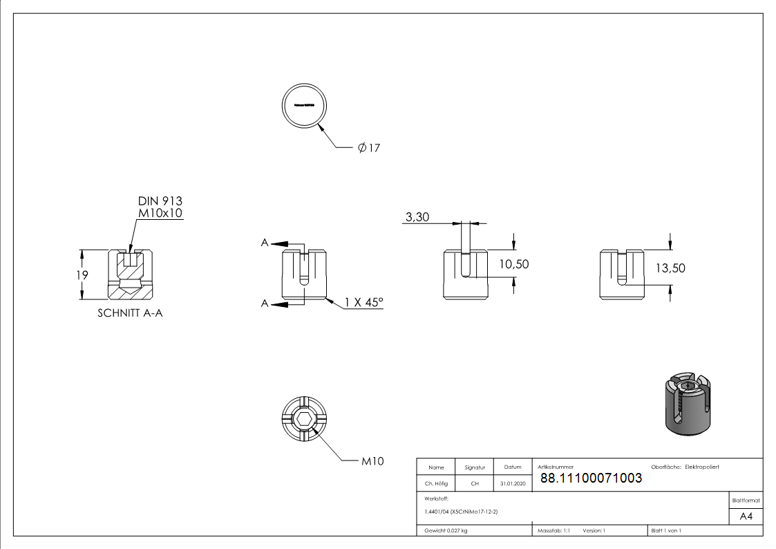 Kreuzklemme Edelstahl V4A fuer Seil Ø 3 mm-88.11100071003