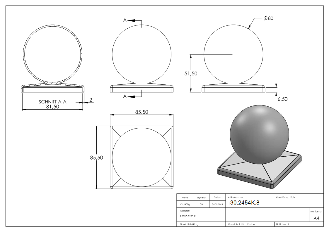 Pfeilerbedecker fuer Quadratrohr - 80x80 mm - mit Kugel Ø 80 mm - Stahl -Roh- S235JR-30-2454K.8