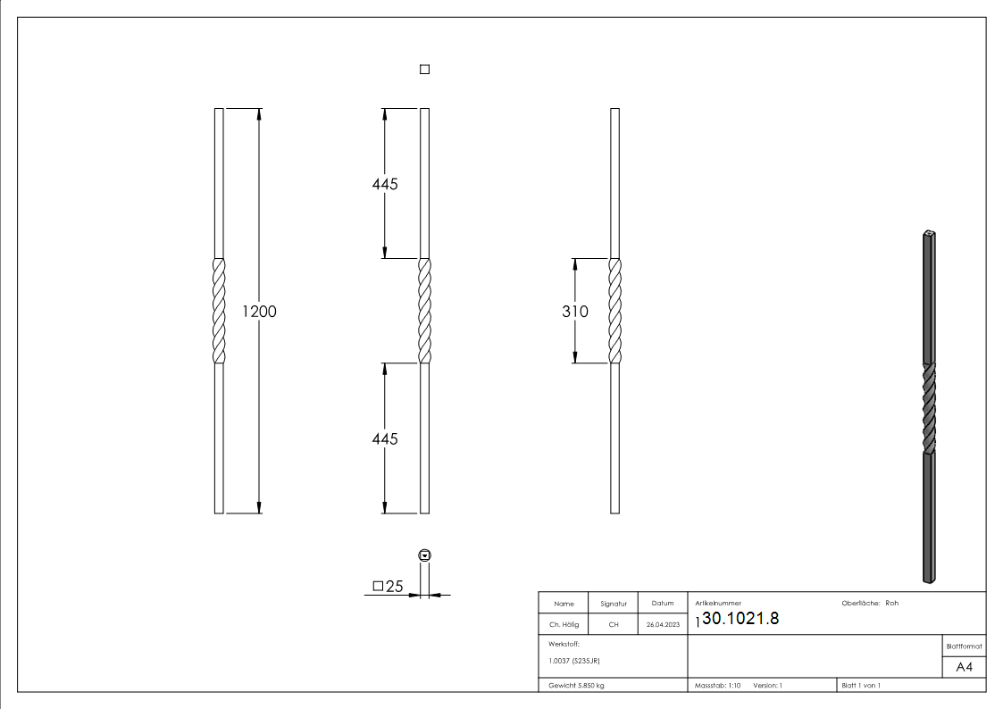 Anfangsstab Pfosten Laenge- 1200 mm Material- 25x25 mm Stahl S235JR- roh-30-1021.8