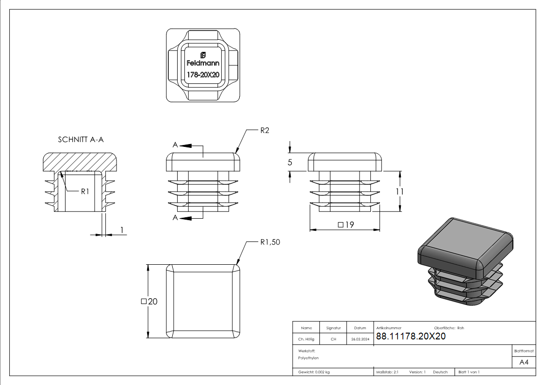 Einsteckkappe Kunststoff fuer Quadratrohr 20 x 20 mm Wandstaerke 1-5-2-0 mm schwarz-88-11178.20X20