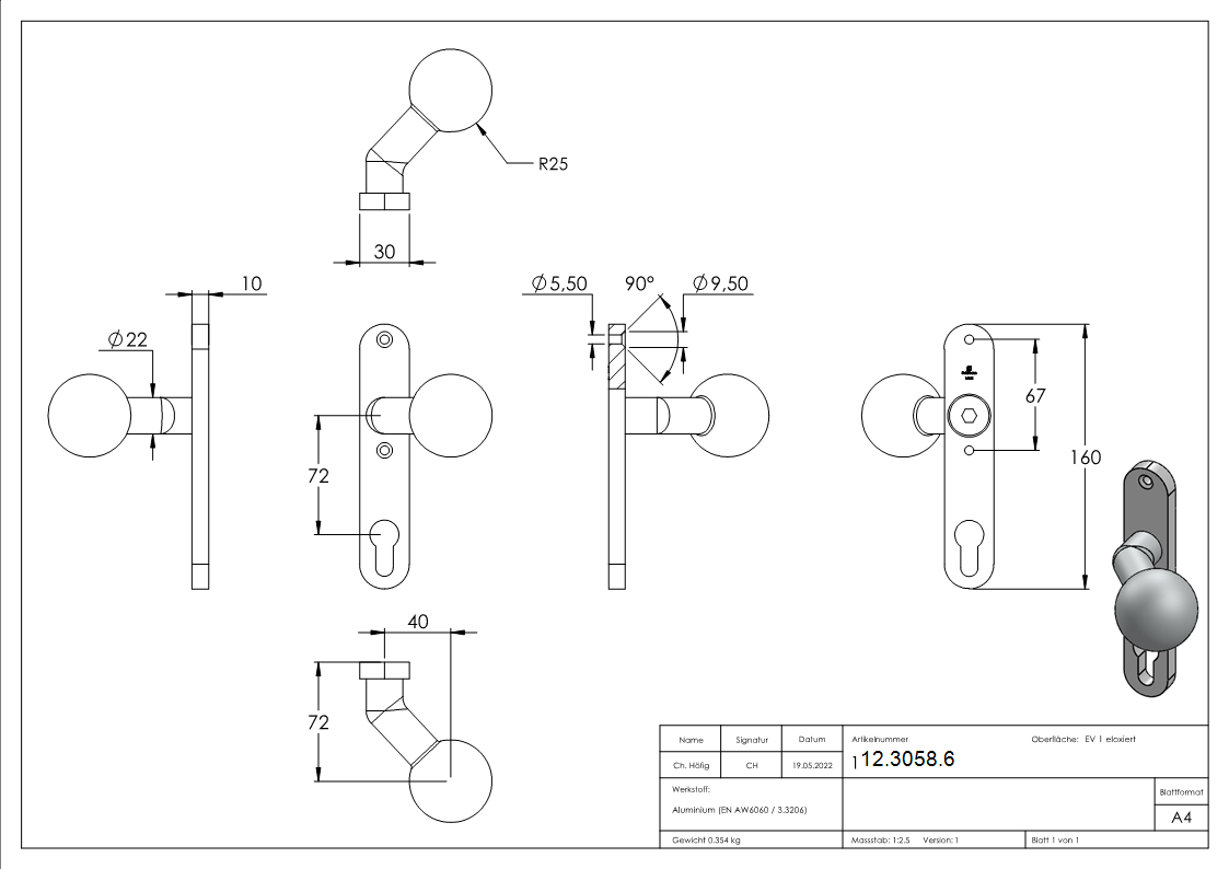 Alu-Tuerknopf - mit Kugel Ø 55 mm - Aluminium EV1-12-3058.6