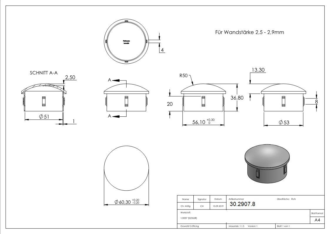 Stahlstopfen - leicht gewoelbt - fuer Ø 60-3x2-5-2-9 mm - Stah S235JR- roh-30-2907.8