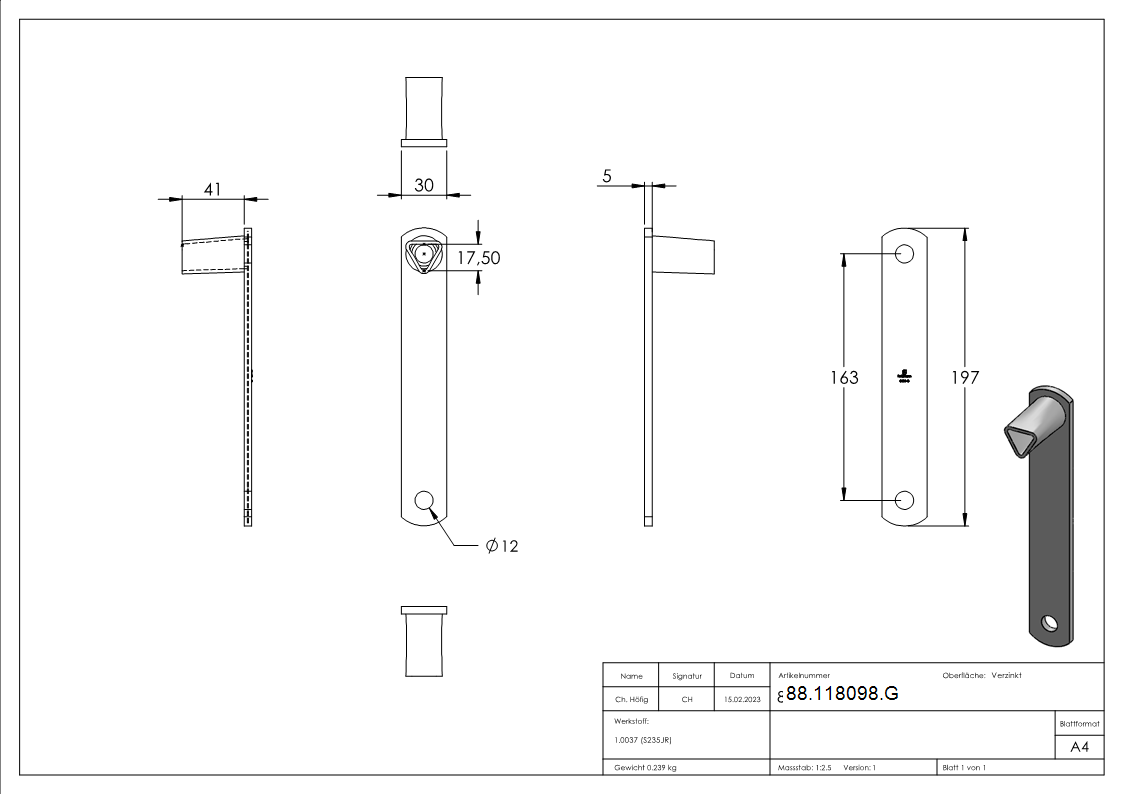 Dreikantschluessel Edelstahl 17 mm gerade-88-118098.G