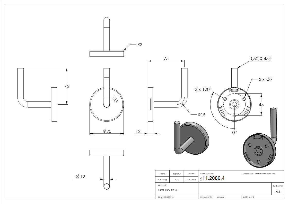 Handlaufhalter V2A Ronde 70x4 mm Buegel 12 mm Wandabstand 75 mm zum Anschweissen m- Rosette-11-2080.4