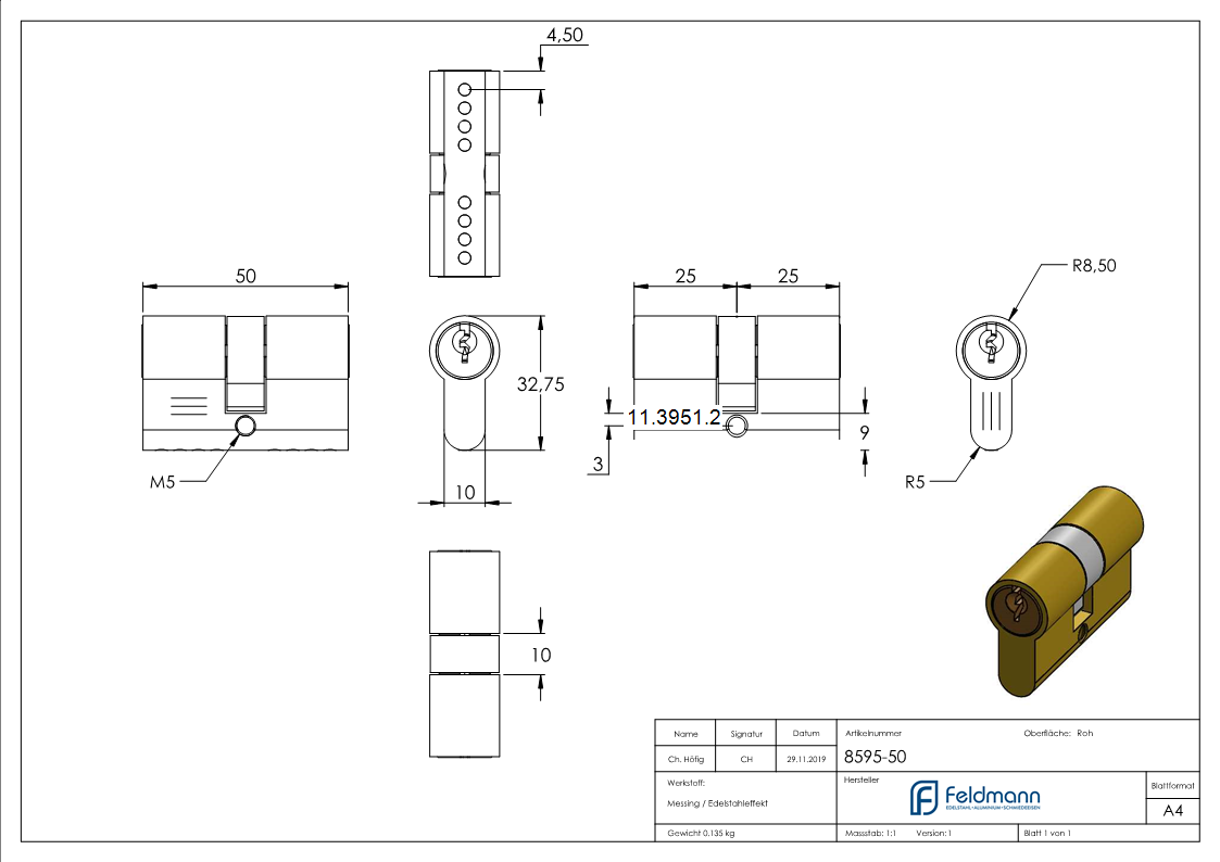 Zylinder Edelstahloptik 50 mm mit 3 Schluessel-11-3951.2