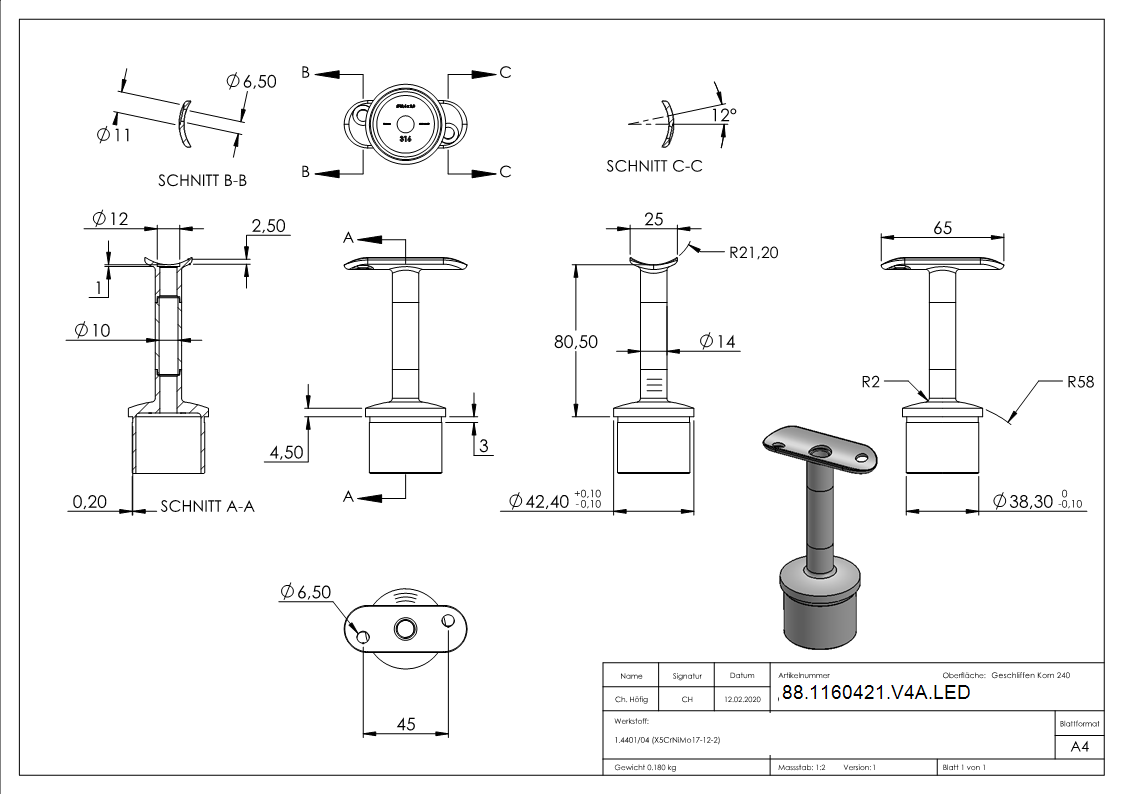 Rohrabschlussstopfen V4A fuer Rohr Ø 42-4 mm Stift Ø 14 mm LED Handlauf-88-1160421-V4A.LED