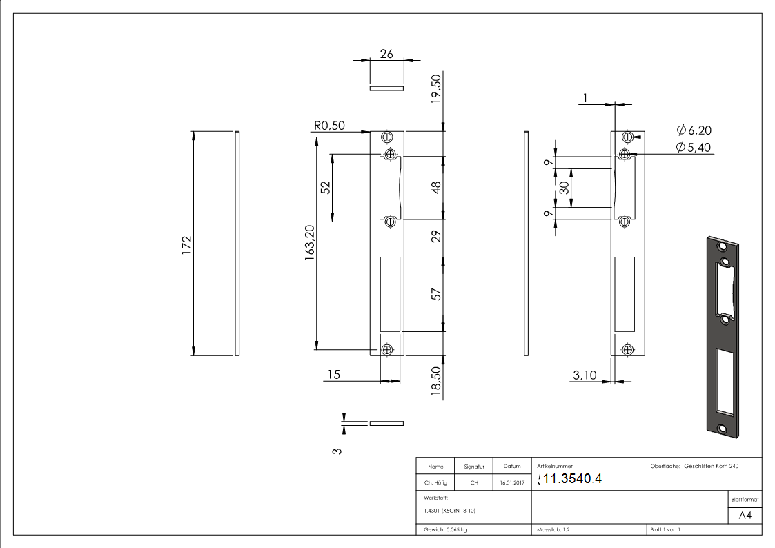 Schliessblech 30x172x3 mm fuer Einsteckschloesser V2A-11-3540.4