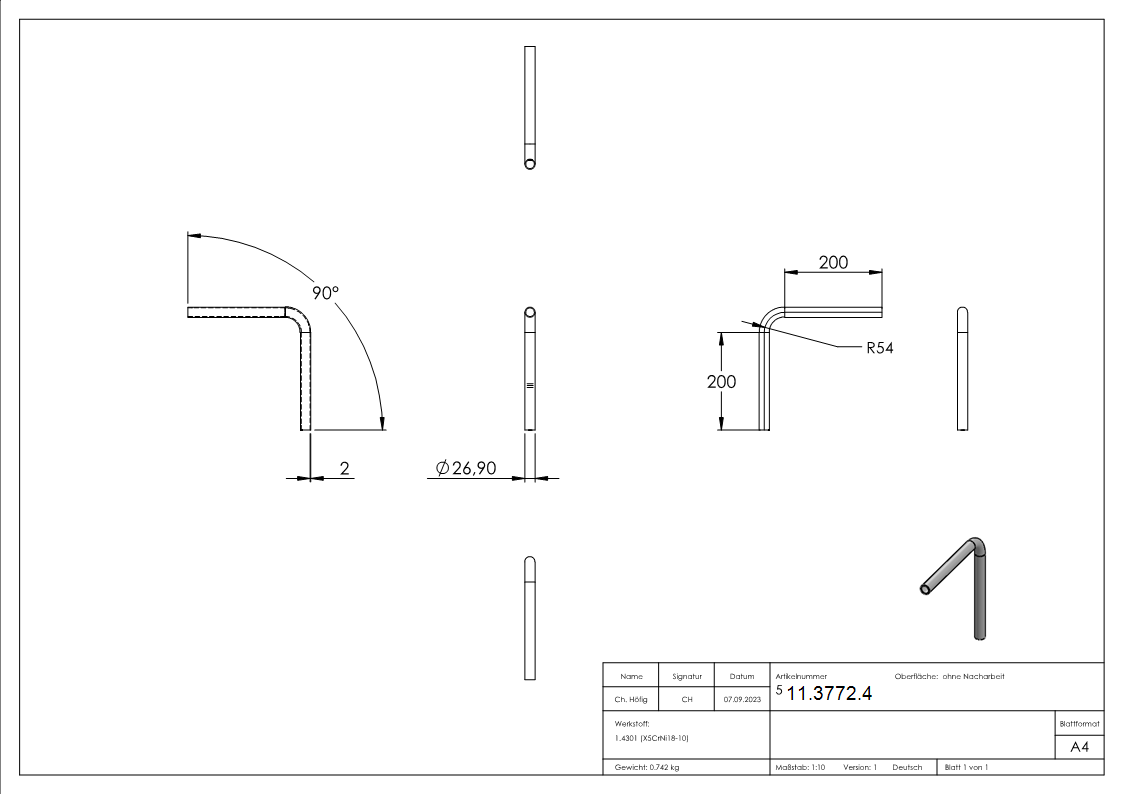 Bogen 90° zum Schweissen aus Rundrohr- Ø 26-9x2-0 mm V2A-11-3772.4
