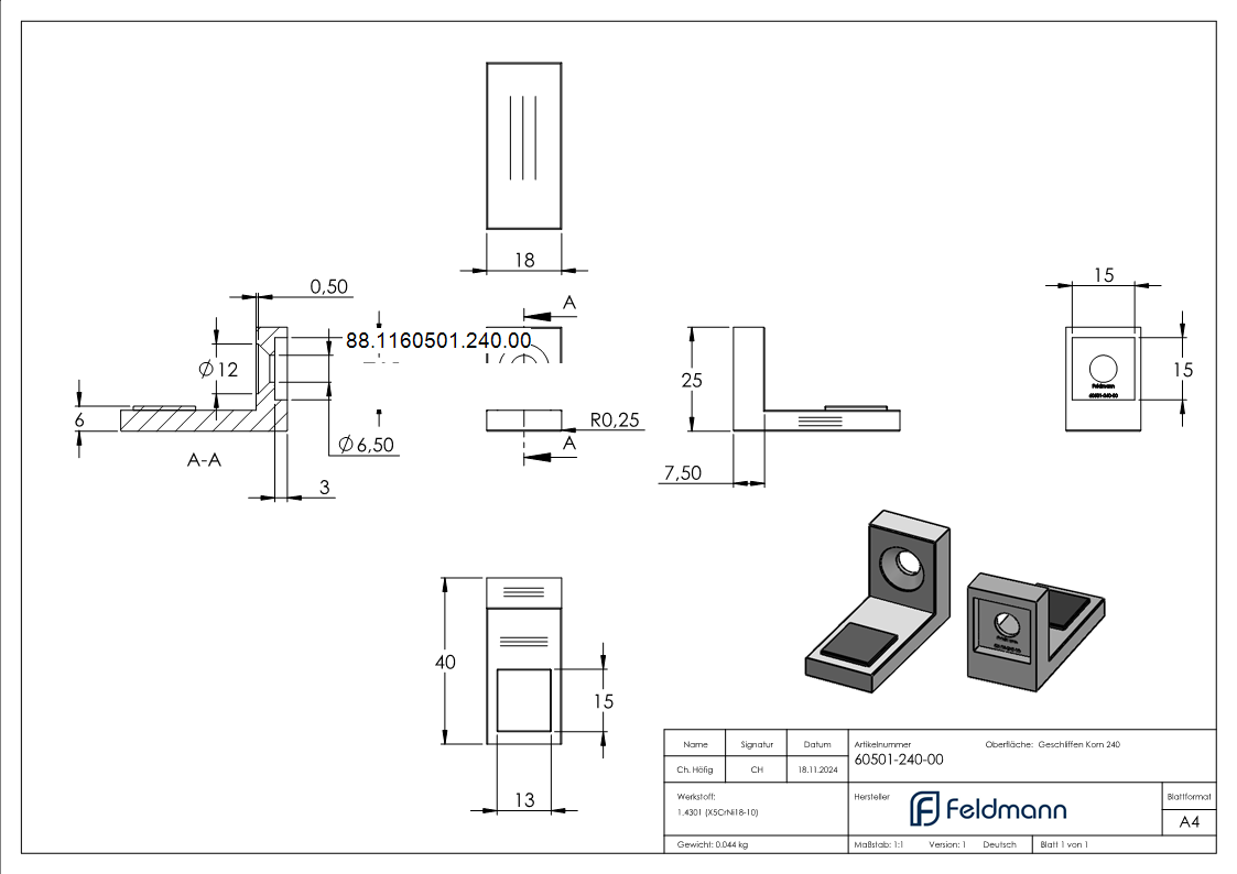 Halteboden mit geradem Anschluss- V2A - Edelstahl V2A-88-1160501-240.00