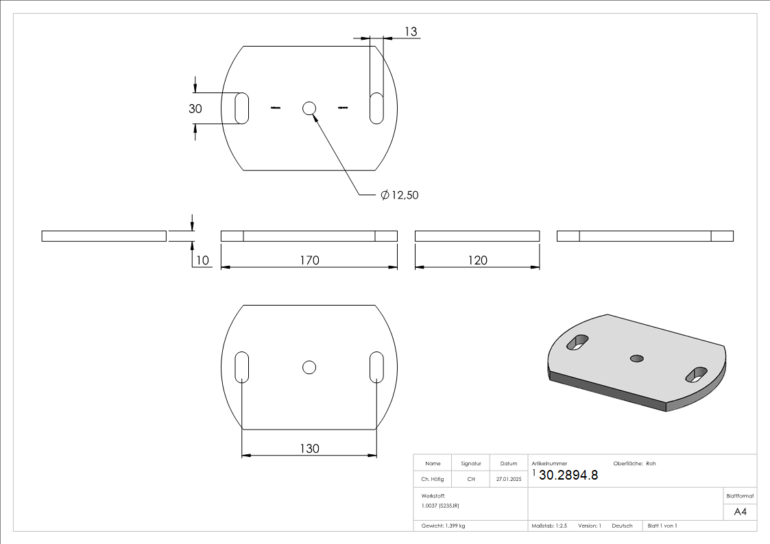 Ankerplatte 170x120x10 mm 3 Bohrungen -  Stahl roh-30-2894.8