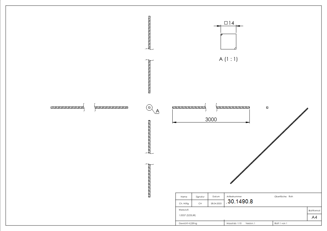 Vierkant gehaemmert - Material- 14x14 mm - Laenge- 3000 mm - Stahl -Roh- S235JR-30-1490.8