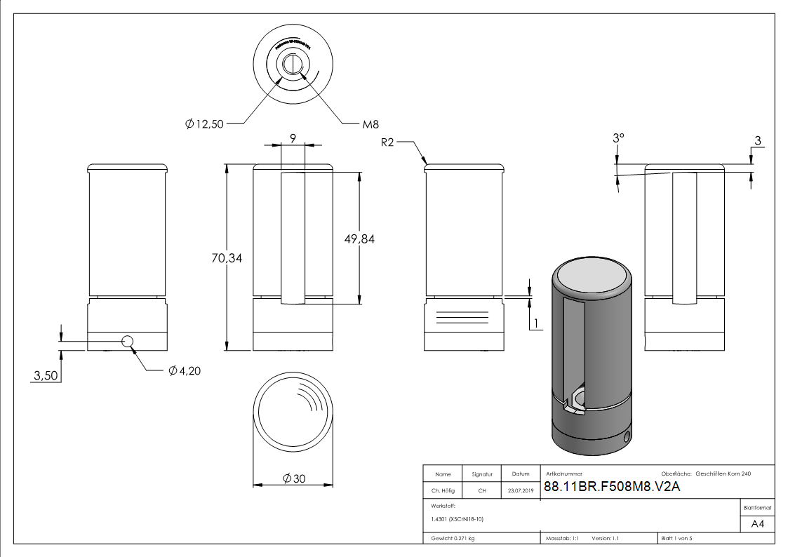 BRENK-fix® Grundhalter fuer Flachstaebe 50 x 8mm- V2A-88-11BR-F508M8.V2A