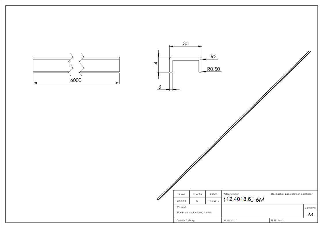 Kantenschutz - Masse- 30x14x3 mm - Laenge- 6000 mm - Aluminium elox- E4-EV1-12-4018.6