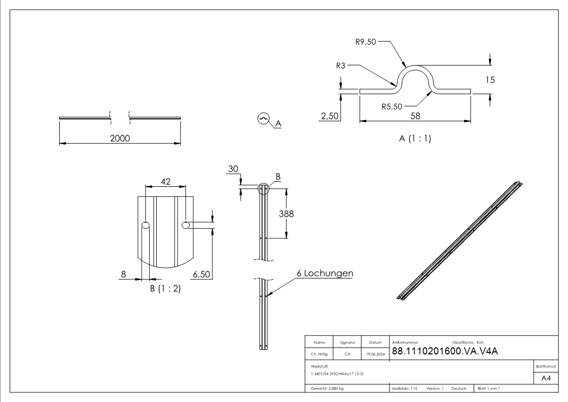 Laufschiene zum Aufschrauben- L- 2000mm- V4A-88-1110201600-VA.V4A