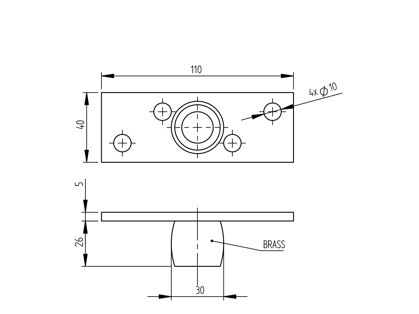 Fuehrungselement unten Stahl verzinkt 110 x 40 mm fuer Fuehrung Ø 30 mm-89-11H60-A.4