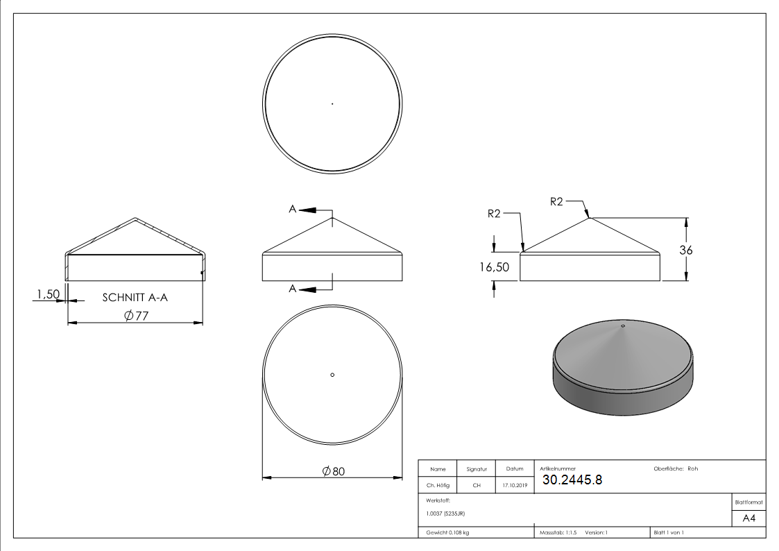 Abdeckkappe - fuer Rundrohr - Ø 76-1 mm - Stahl S235JR- roh-30-2445.8