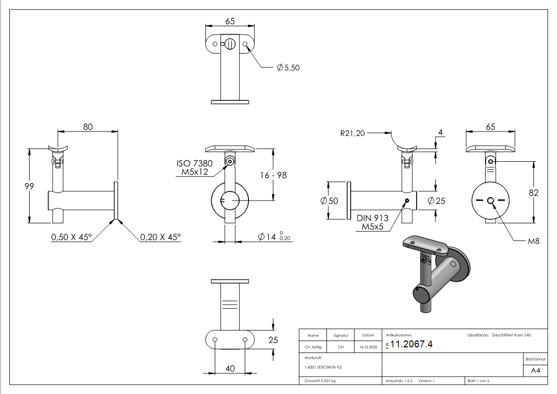 Handlaufhalter hoehenverstellbar mit Halteplatte fuer Ø 42-4 mm V2A-11-2067.4