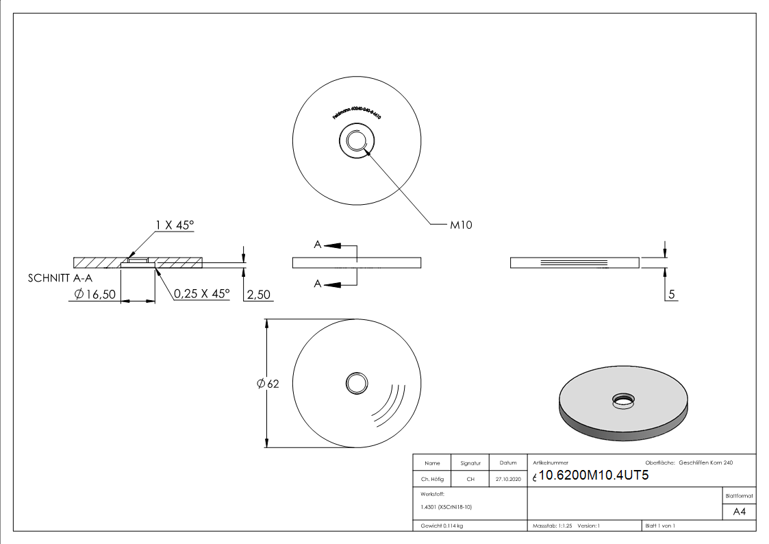 Glaspunkthalter-Unterteil Ø 62 mm- V2A- M10- Hoehe- 5 mm-10-6200M10.4UT5